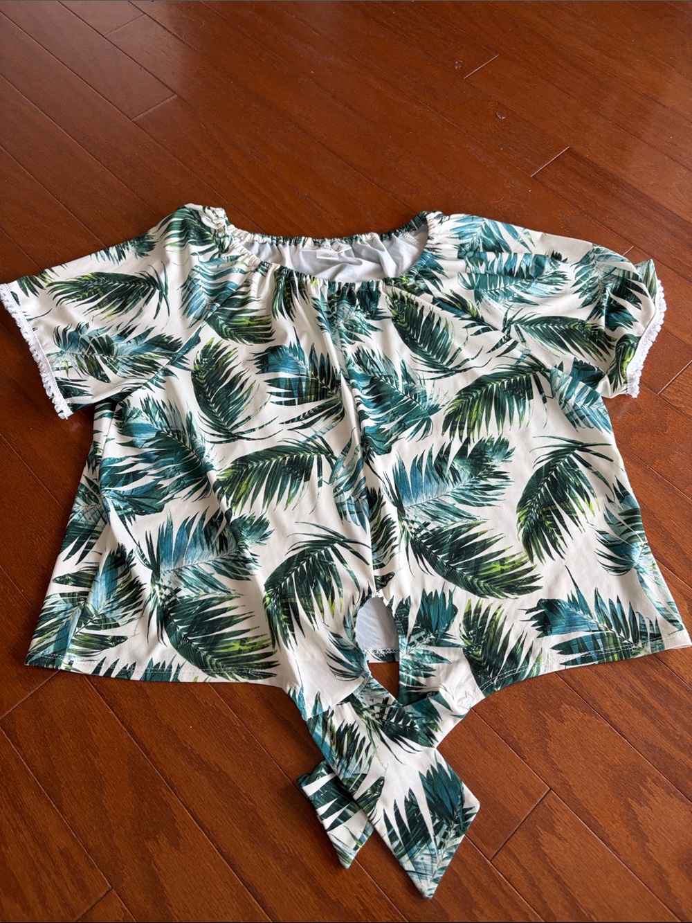 Skye's the Limit White Top with Green Palm Print Tie Front